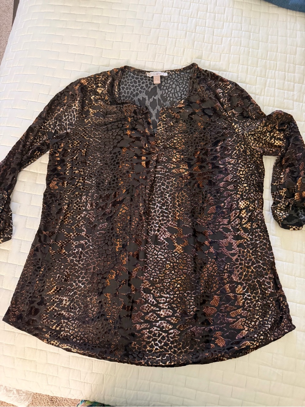 Roz & Ali Black and Bronze Animal-Print V-Neck Tunic